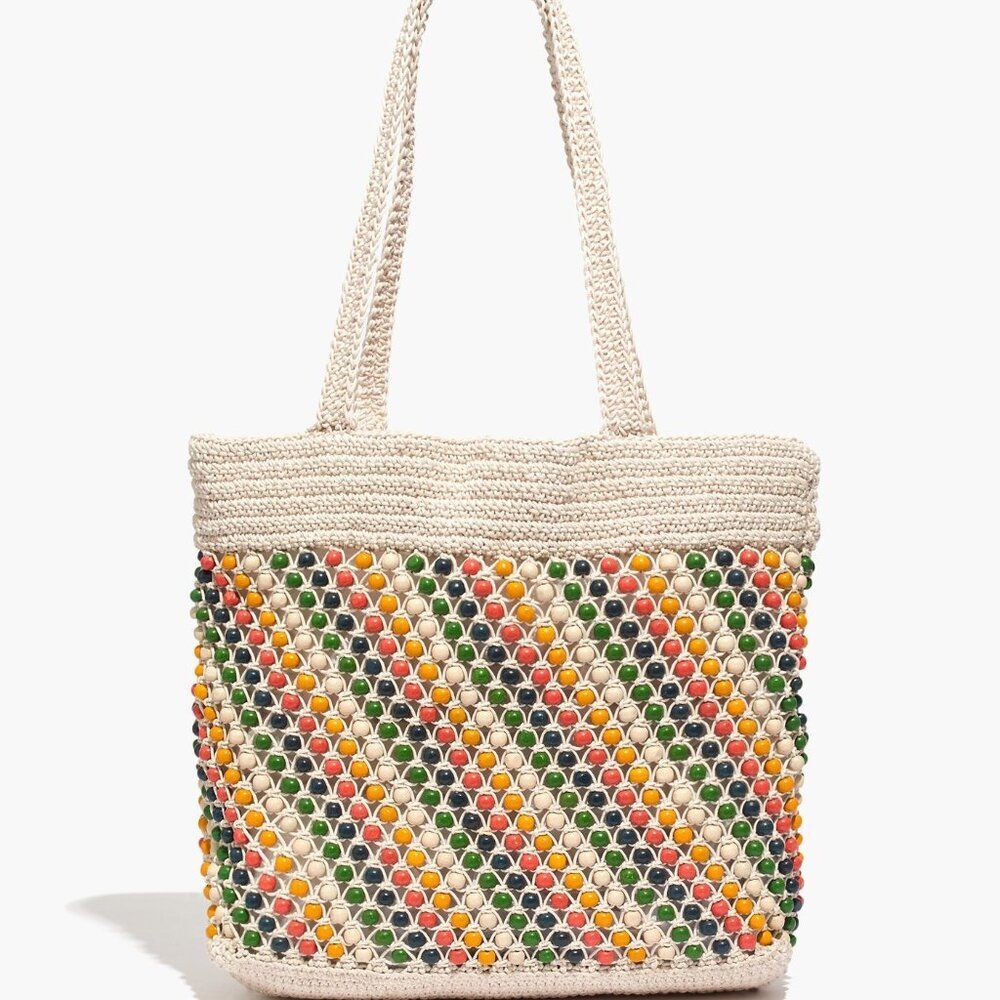 Madewell The Beaded Crochet Abaca Tote Bag Natural Rainbow